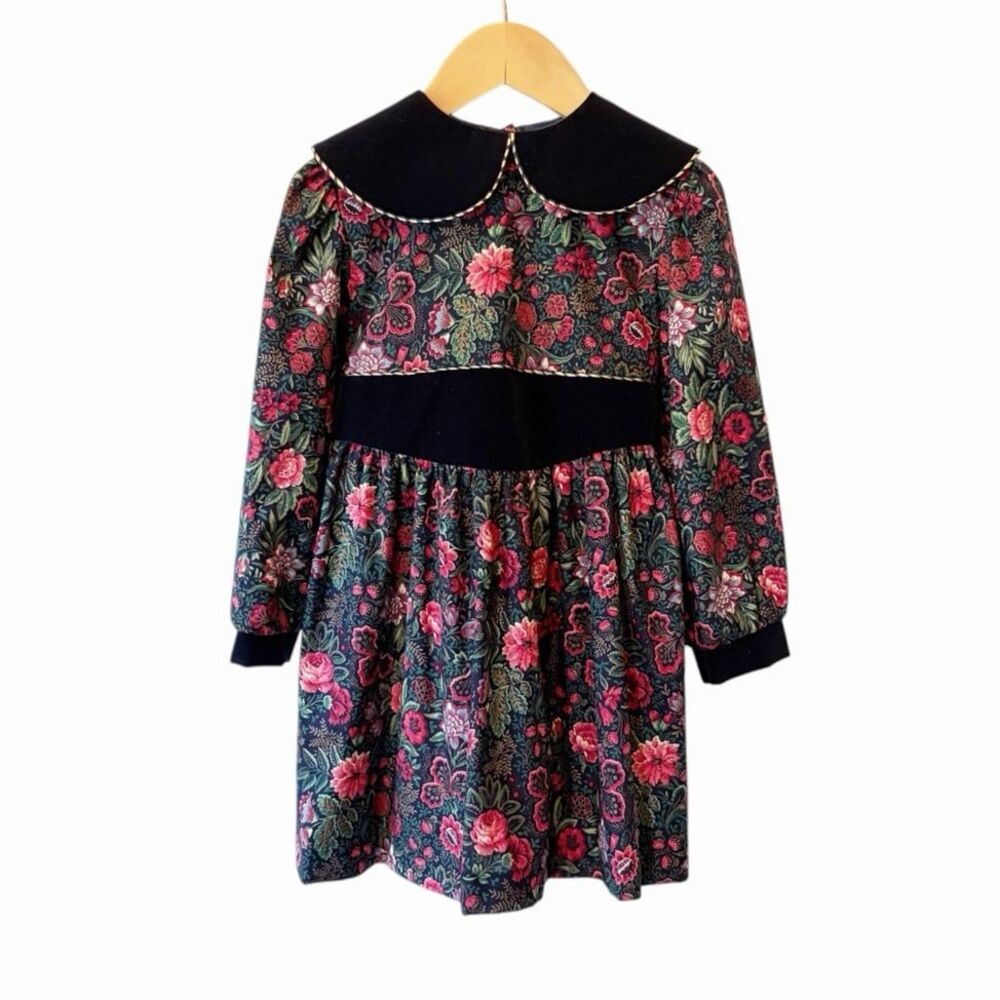 Vintage K.L.L. Girls Size 5 Floral Velvet Collar Bow Dress Made USA